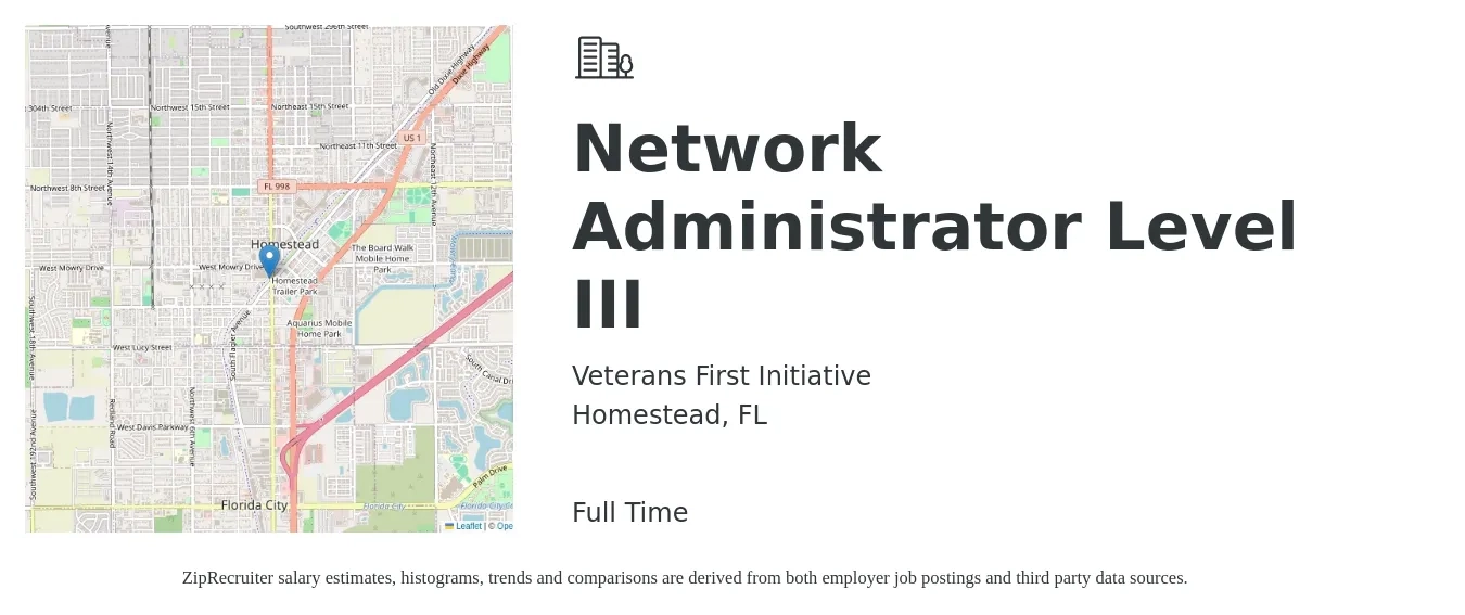 Veterans First Initiative job posting for a Network Administrator Level III in Homestead, FL with a salary of $60,200 to $85,900 Yearly with a map of Homestead location.
