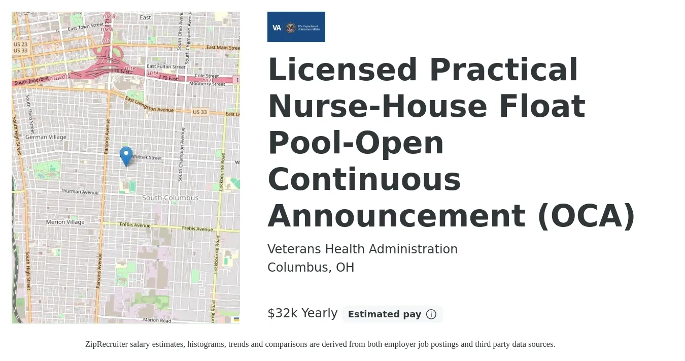 Veterans Health Administration job posting for a Licensed Practical Nurse-House Float Pool-Open Continuous Announcement (OCA) in Columbus, OH with a salary of $32,856 Yearly with a map of Columbus location.