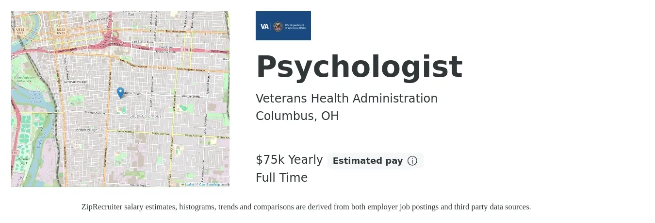 Veterans Health Administration job posting for a Psychologist in Columbus, OH with a salary of $75,646 Yearly with a map of Columbus location.