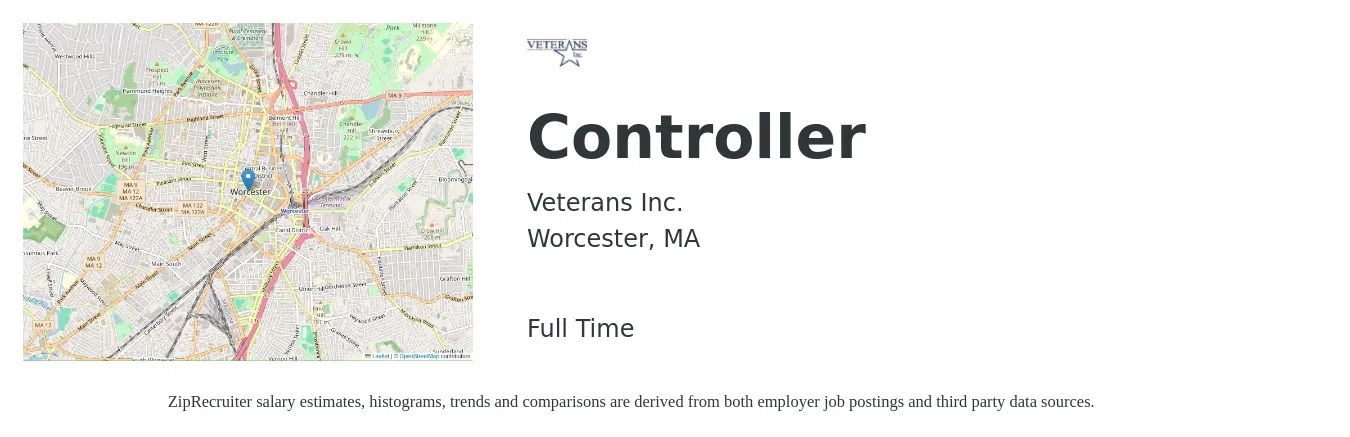 Veterans Inc. job posting for a Controller in Worcester, MA with a salary of $96,700 to $138,100 Yearly with a map of Worcester location.