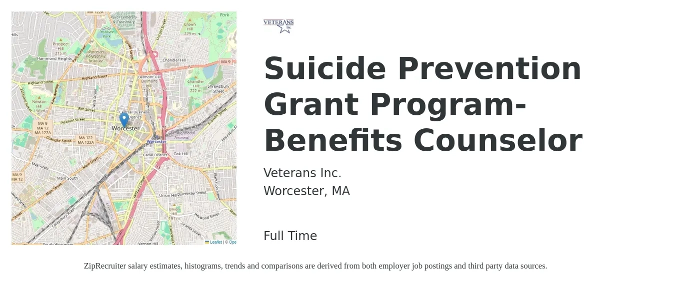 Veterans Inc. job posting for a Suicide Prevention Grant Program- Benefits Counselor in Worcester, MA with a salary of $18 to $23 Hourly with a map of Worcester location.