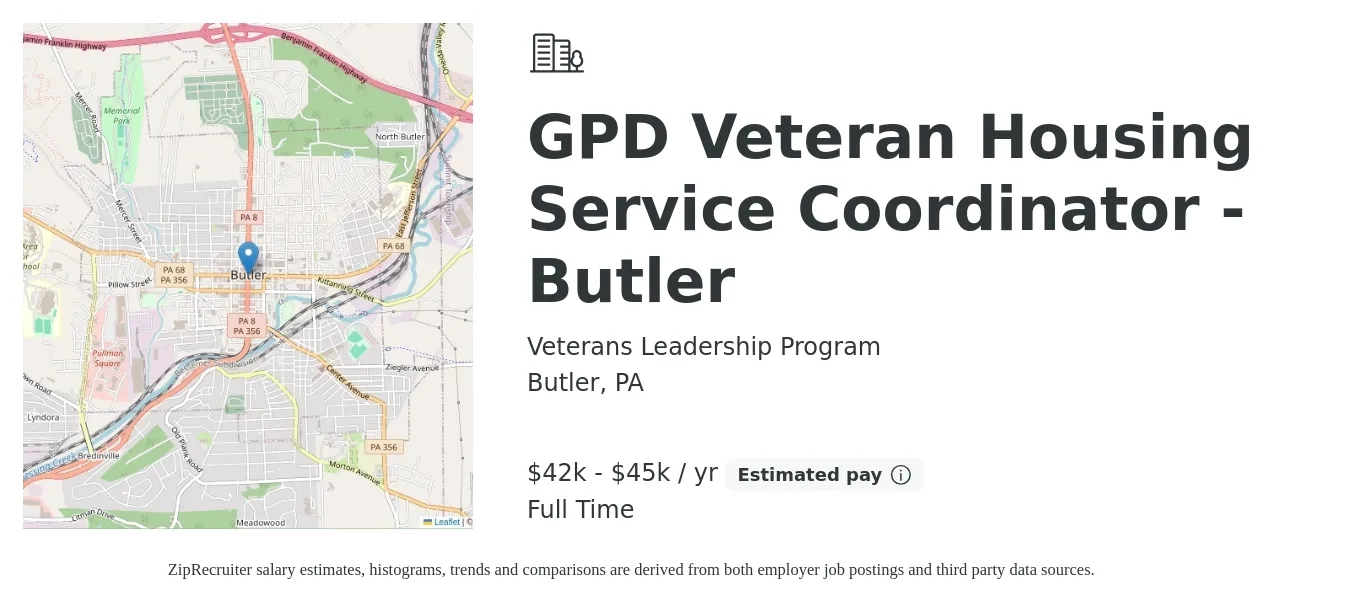 Veterans Leadership Program job posting for a GPD Veteran Housing Service Coordinator - Butler in Butler, PA with a salary of $42,000 to $45,000 Yearly with a map of Butler location.