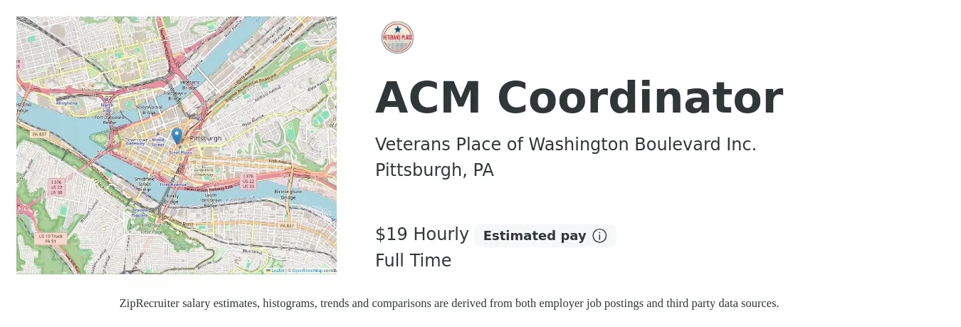 Veterans Place of Washington Boulevard Inc. job posting for a ACM Coordinator in Pittsburgh, PA with a salary of $20 Hourly with a map of Pittsburgh location.