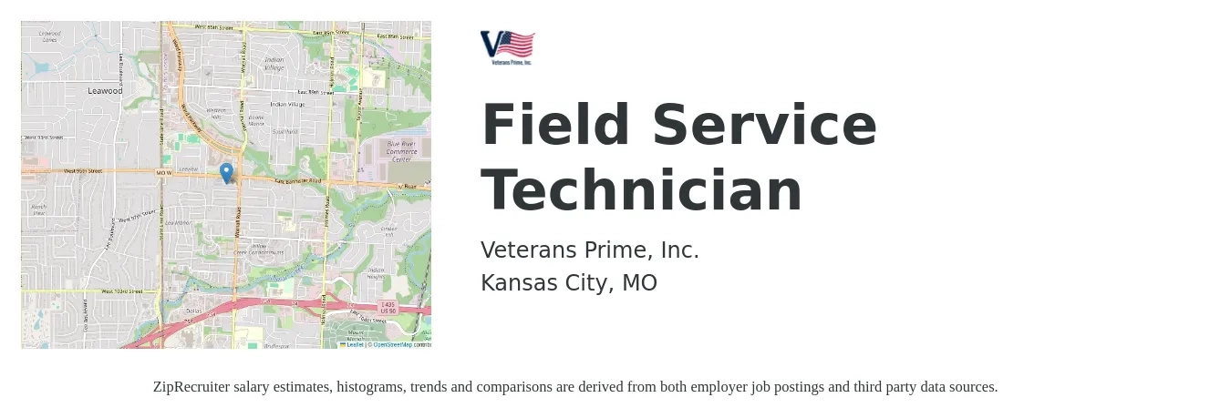 Veterans Prime, Inc. job posting for a Field Service Technician in Kansas City, MO with a salary of $20 to $29 Hourly with a map of Kansas City location.