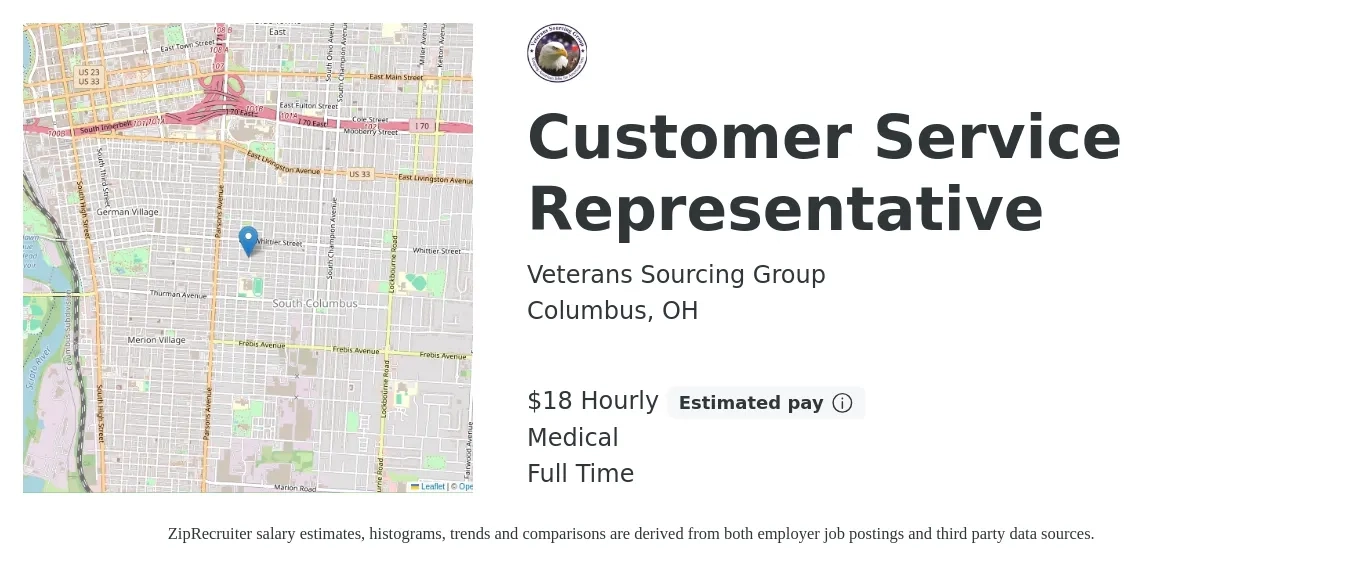Veterans Sourcing Group job posting for a Customer Service Representative in Columbus, OH with a salary of $19 Hourly and benefits including medical with a map of Columbus location.