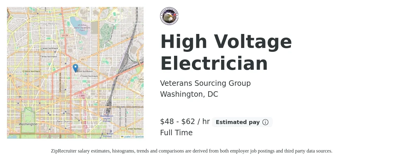 Veterans Sourcing Group job posting for a High Voltage Electrician in Washington, DC with a salary of $50 to $65 Hourly with a map of Washington location.