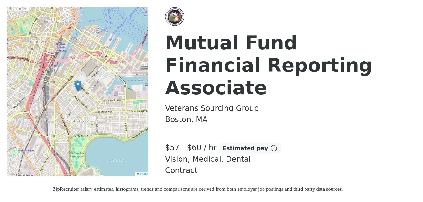 Veterans Sourcing Group job posting for a Mutual Fund Financial Reporting Associate in Boston, MA with a salary of $60 to $63 Hourly and benefits including medical, vision, and dental with a map of Boston location.