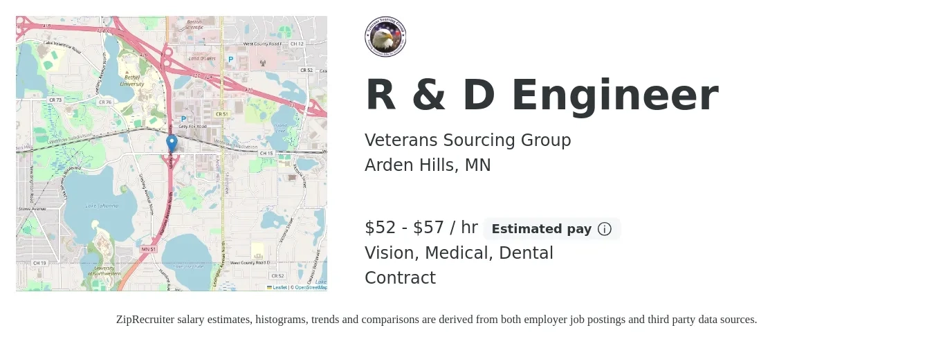 Veterans Sourcing Group job posting for a R & D Engineer in Arden Hills, MN with a salary of $55 to $60 Hourly (plus commission) and benefits including vision, dental, and medical with a map of Arden Hills location.