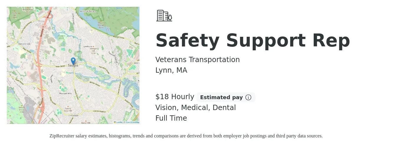 Veterans Transportation job posting for a Safety Support Rep in Lynn, MA with a salary of $19 Hourly and benefits including retirement, vision, dental, life_insurance, and medical with a map of Lynn location.