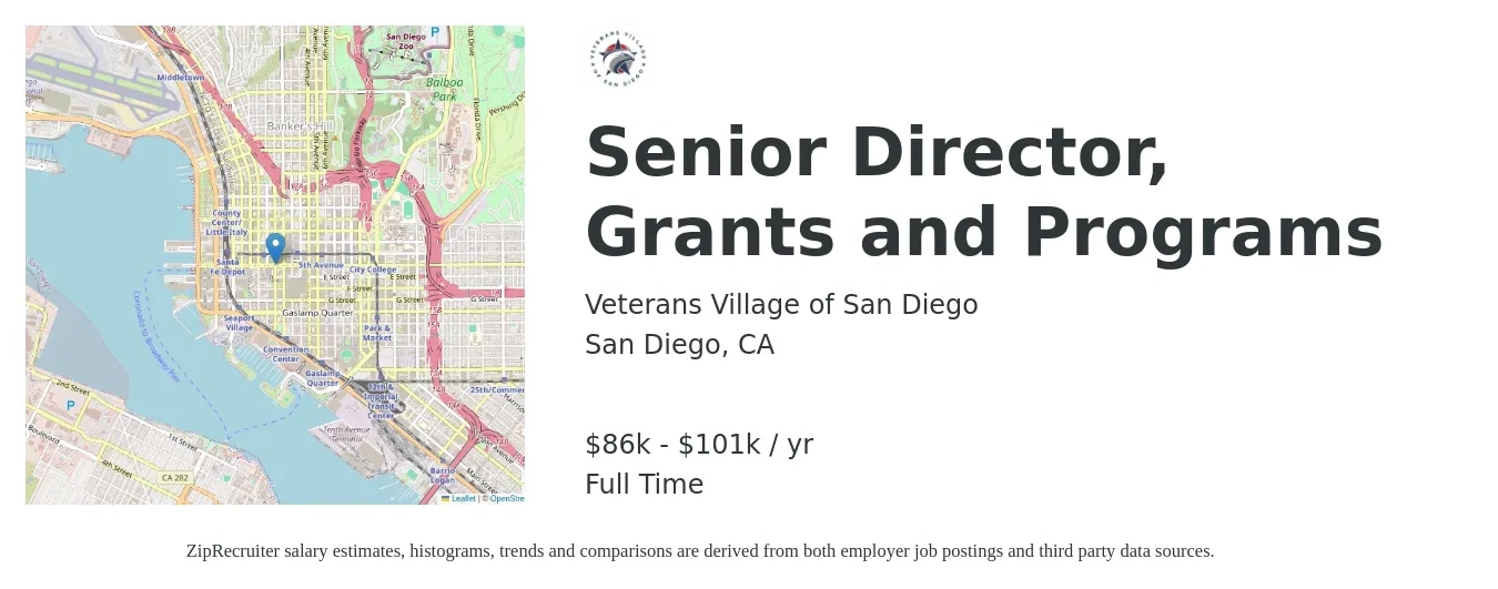 Veterans Village of San Diego job posting for a Senior Director, Grants and Programs in San Diego, CA with a salary of $86,526 to $101,795 Yearly with a map of San Diego location.
