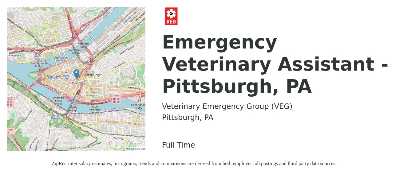Veterinary Emergency Group (VEG) job posting for a Emergency Veterinary Assistant - Pittsburgh, PA in Pittsburgh, PA with a salary of $15 to $19 Hourly with a map of Pittsburgh location.