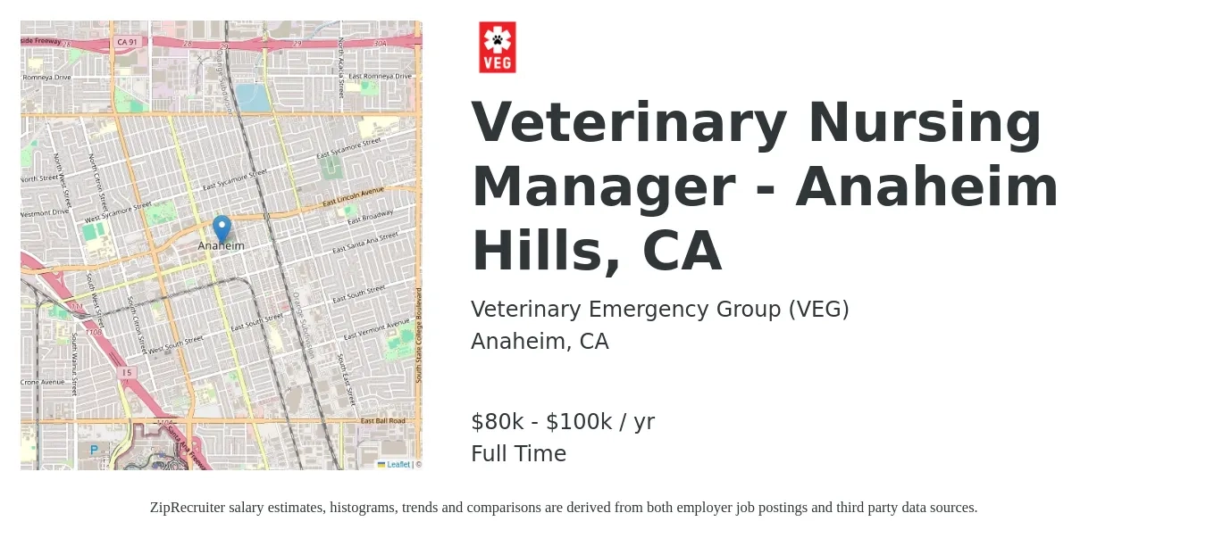 Veterinary Emergency Group (VEG) job posting for a Veterinary Nursing Manager - Anaheim Hills, CA in Anaheim, CA with a salary of $80,000 to $100,000 Yearly with a map of Anaheim location.