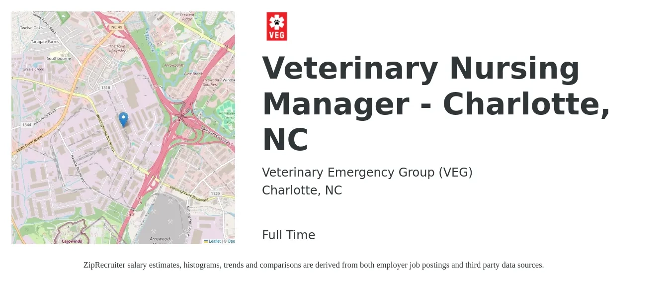 Veterinary Emergency Group (VEG) job posting for a Veterinary Nursing Manager - Charlotte, NC in Charlotte, NC with a salary of $21 to $33 Hourly with a map of Charlotte location.