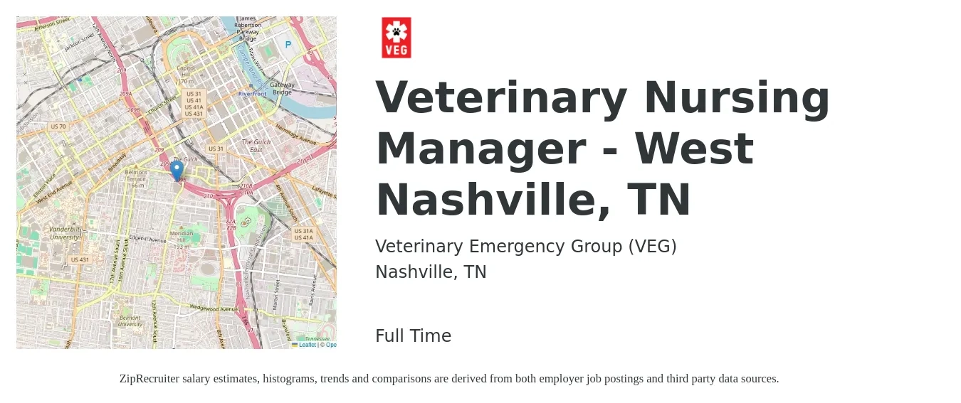 Veterinary Emergency Group (VEG) job posting for a Veterinary Nursing Manager - West Nashville, TN in Nashville, TN with a salary of $21 to $33 Hourly with a map of Nashville location.