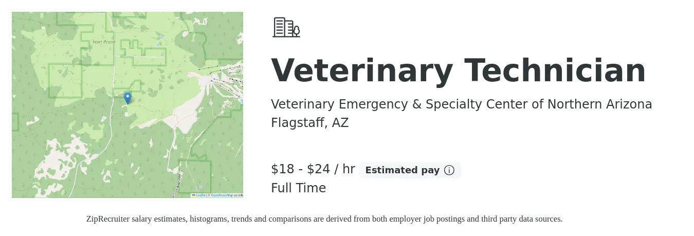 Veterinary Emergency & Specialty Center of Northern Arizona job posting for a Veterinary Technician in Flagstaff, AZ with a salary of $19 to $25 Hourly with a map of Flagstaff location.