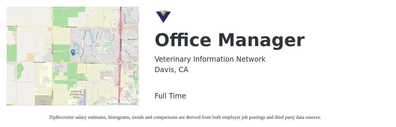 Veterinary Information Network job posting for a Office Manager in Davis, CA with a salary of $17 to $22 Hourly with a map of Davis location.