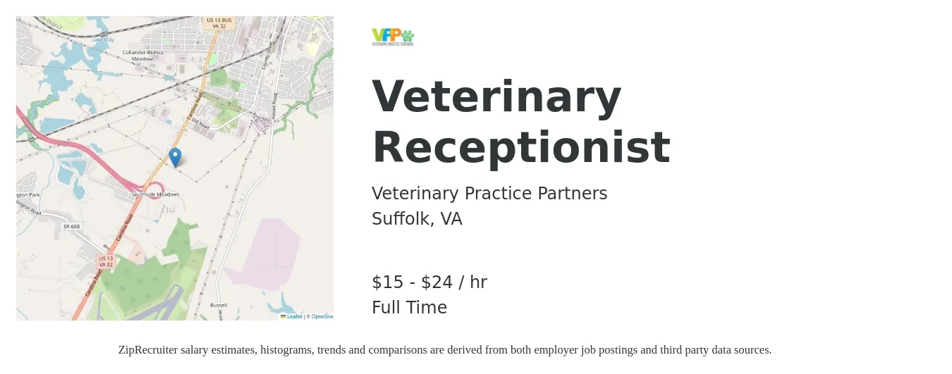 Veterinary Practice Partners job posting for a Veterinary Receptionist in Suffolk, VA with a salary of $16 to $25 Hourly with a map of Suffolk location.