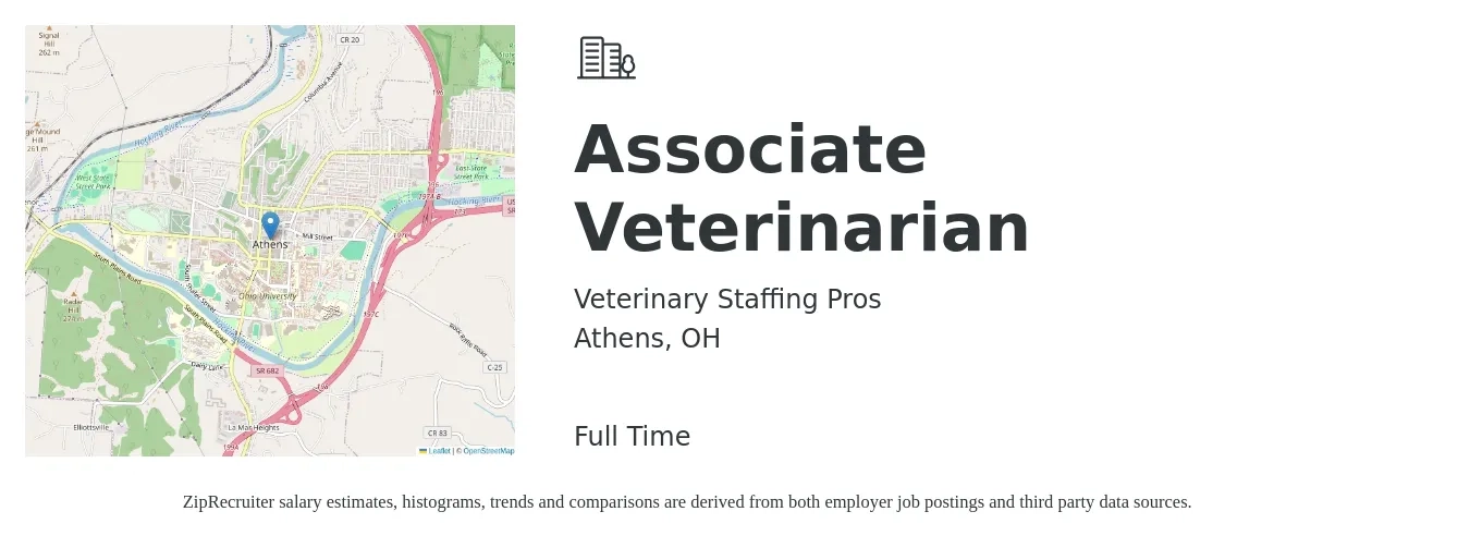 Veterinary Staffing Pros job posting for a Associate Veterinarian in Athens, OH with a salary of $81,000 to $130,800 Yearly with a map of Athens location.