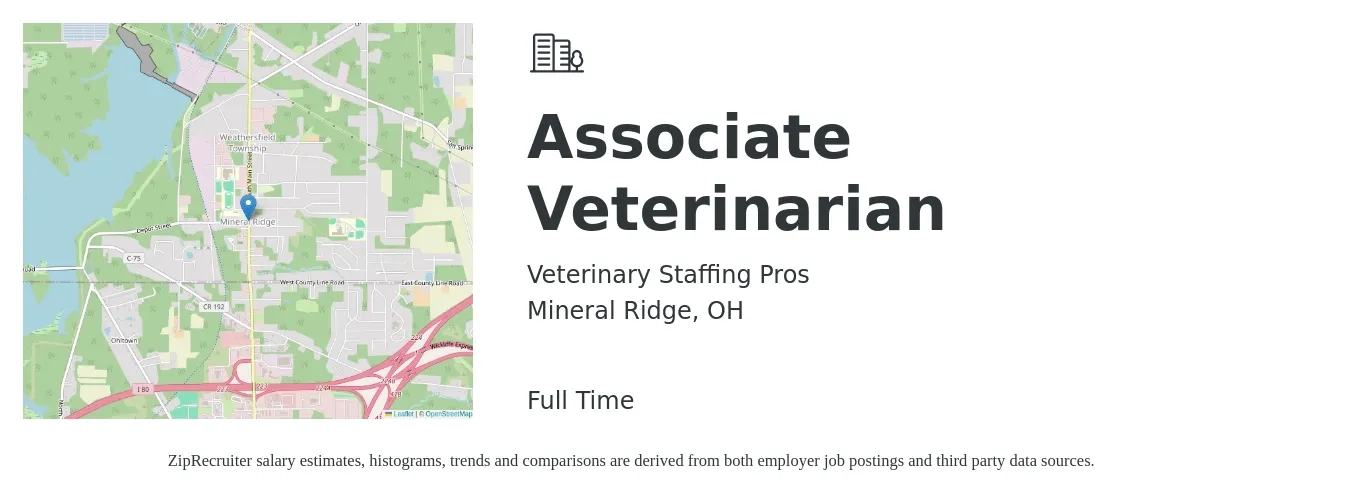 Veterinary Staffing Pros job posting for a Associate Veterinarian in Mineral Ridge, OH with a salary of $88,800 to $143,300 Yearly with a map of Mineral Ridge location.