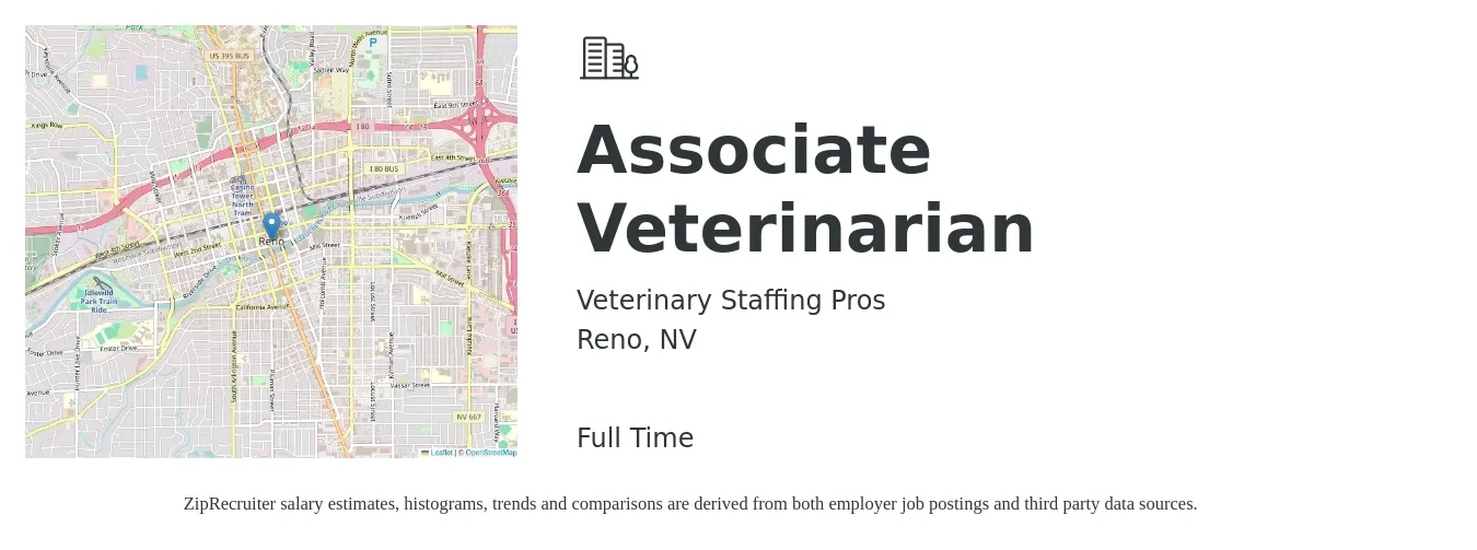 Veterinary Staffing Pros job posting for a Associate Veterinarian in Reno, NV with a salary of $102,200 to $165,000 Yearly with a map of Reno location.