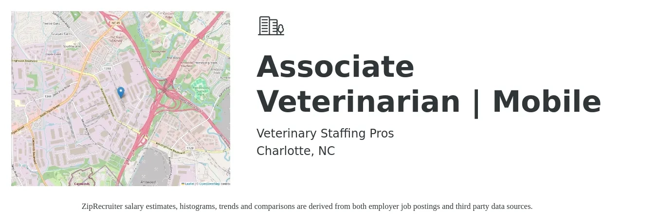 Veterinary Staffing Pros job posting for a Associate Veterinarian | Mobile in Charlotte, NC with a salary of $100,100 to $161,600 Yearly with a map of Charlotte location.
