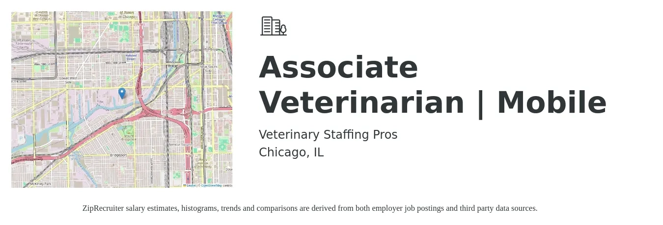 Veterinary Staffing Pros job posting for a Associate Veterinarian | Mobile in Chicago, IL with a salary of $105,700 to $170,600 Yearly with a map of Chicago location.