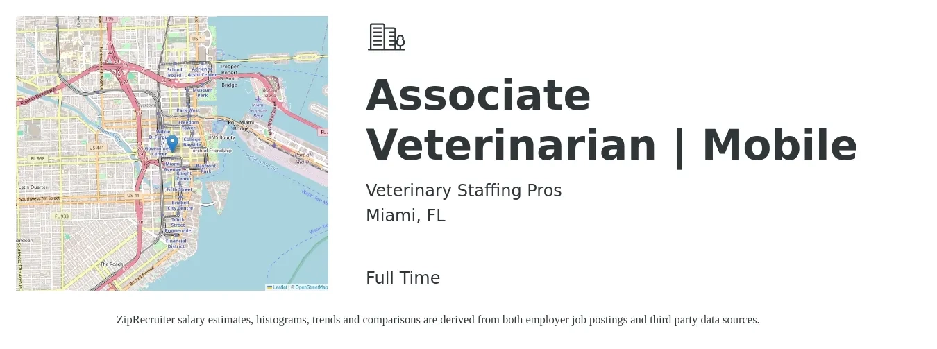 Veterinary Staffing Pros job posting for a Associate Veterinarian | Mobile in Miami, FL with a salary of $97,900 to $158,000 Yearly with a map of Miami location.