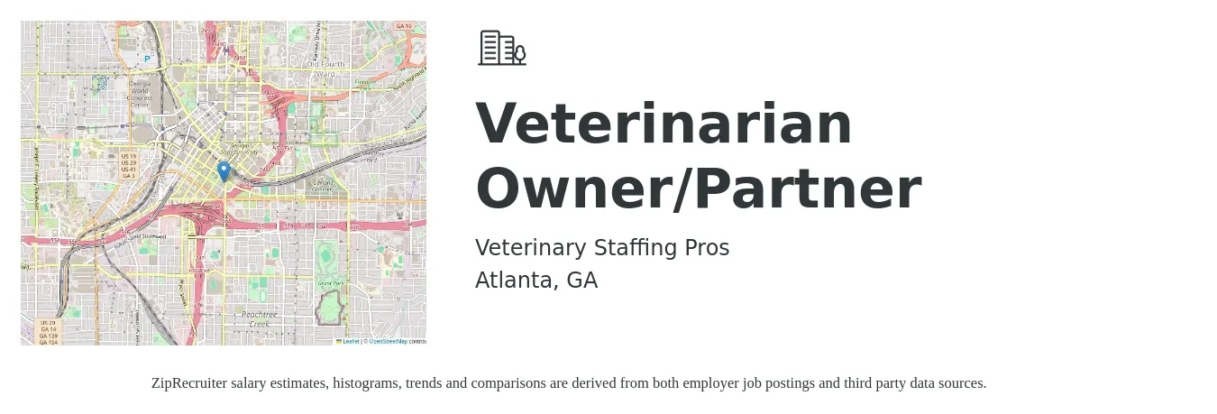 Veterinary Staffing Pros job posting for a Veterinarian Owner/Partner in Atlanta, GA with a salary of $107,700 to $209,600 Yearly with a map of Atlanta location.