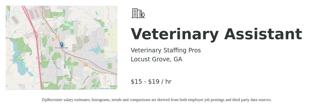 Veterinary Staffing Pros job posting for a Veterinary Assistant in Locust Grove, GA with a salary of $16 to $20 Hourly with a map of Locust Grove location.