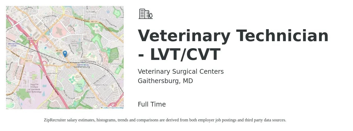 Veterinary Surgical Centers job posting for a Veterinary Technician - LVT/CVT in Gaithersburg, MD with a salary of $20 to $28 Hourly with a map of Gaithersburg location.