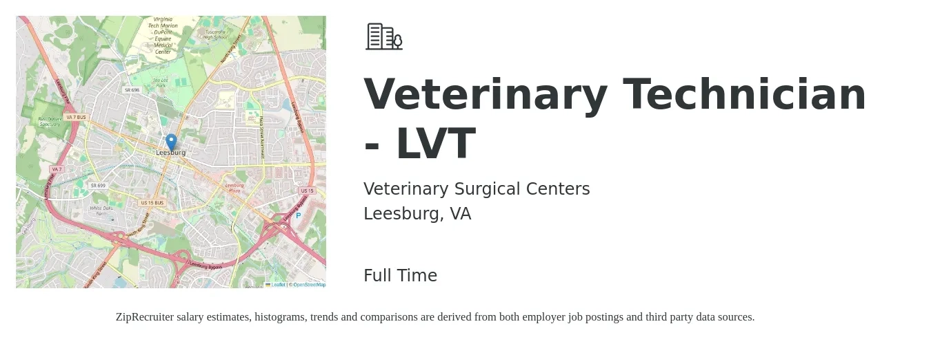 Veterinary Surgical Centers job posting for a Veterinary Technician - LVT in Leesburg, VA with a salary of $19 to $26 Hourly with a map of Leesburg location.