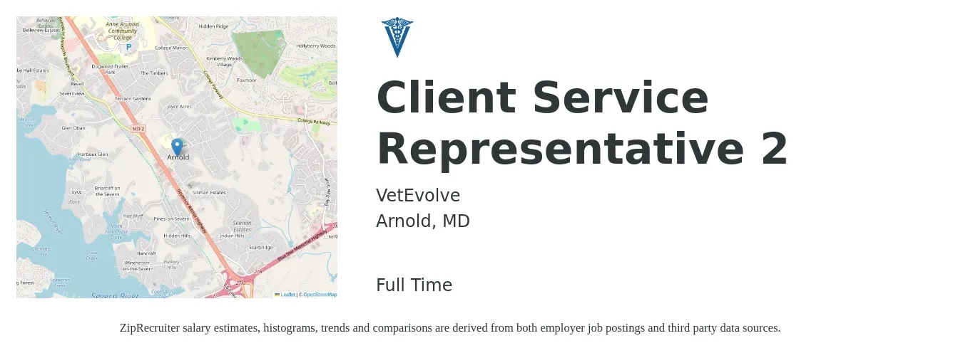 VetEvolve job posting for a Client Service Representative 2 in Arnold, MD with a salary of $16 to $21 Hourly with a map of Arnold location.