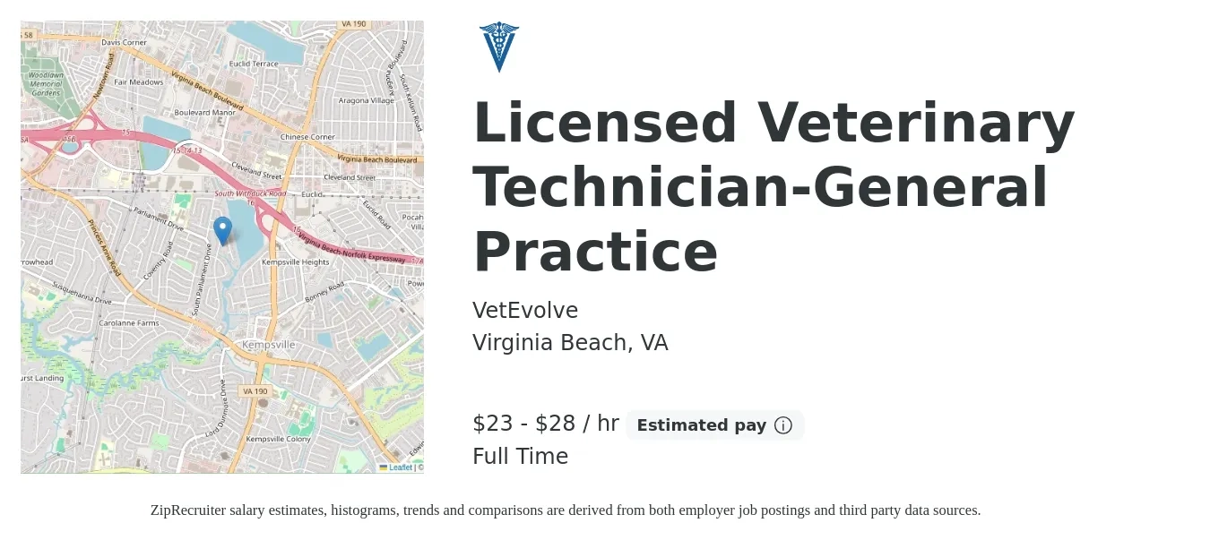 VetEvolve job posting for a Licensed Veterinary Technician-General Practice in Virginia Beach, VA with a salary of $24 to $30 Hourly with a map of Virginia Beach location.