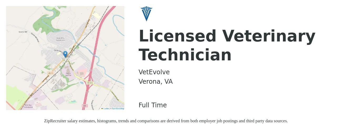 VetEvolve job posting for a Licensed Veterinary Technician in Verona, VA with a salary of $17 to $23 Hourly with a map of Verona location.