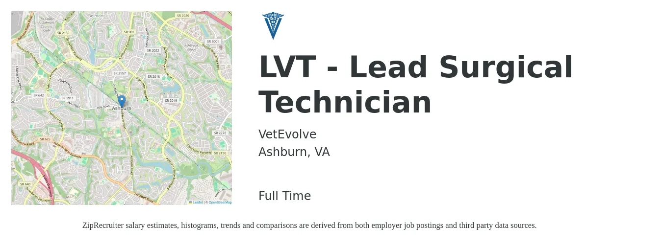 VetEvolve job posting for a LVT - Lead Surgical Technician in Ashburn, VA with a salary of $19 to $26 Hourly with a map of Ashburn location.