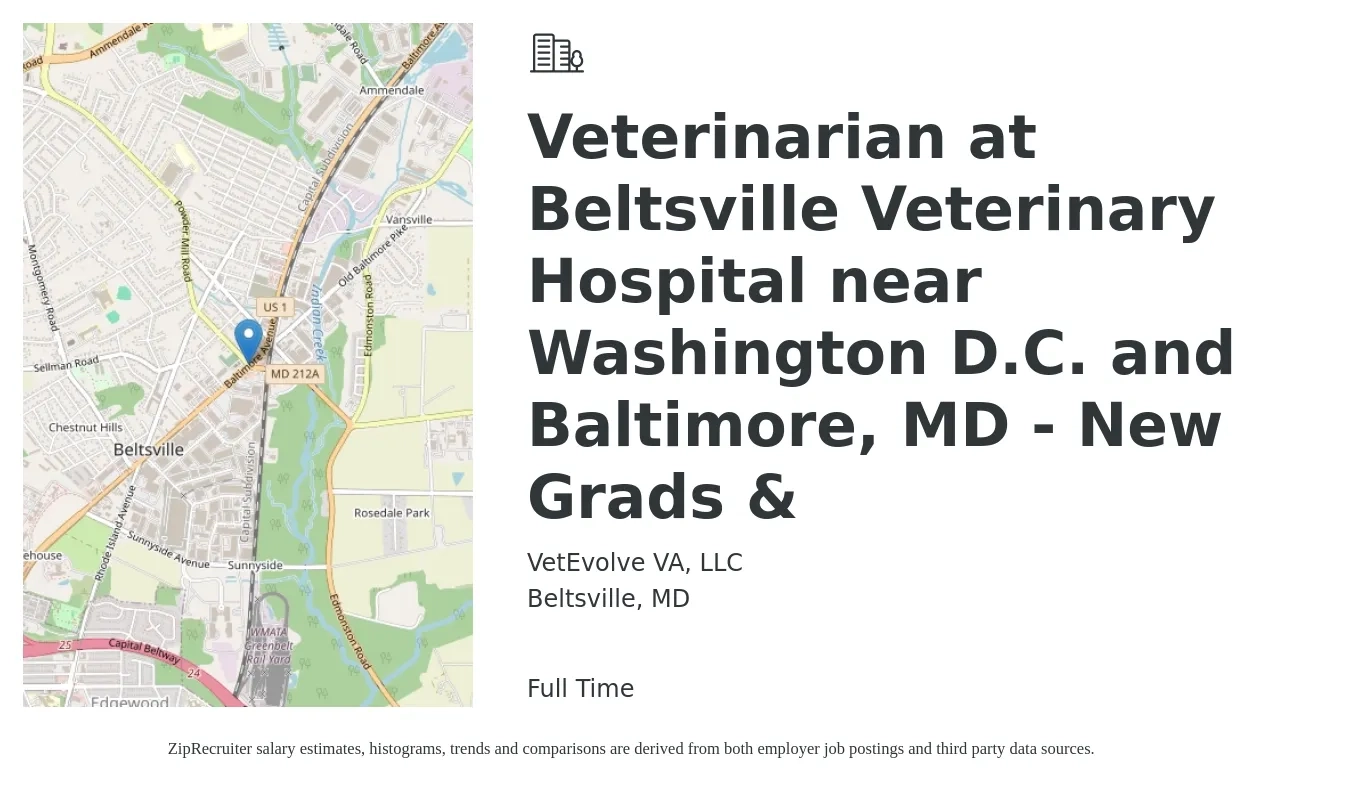 VetEvolve VA, LLC job posting for a Veterinarian at Beltsville Veterinary Hospital near Washington D.C. and Baltimore, MD - New Grads & in Beltsville, MD with a salary of $113,500 to $220,900 Yearly with a map of Beltsville location.
