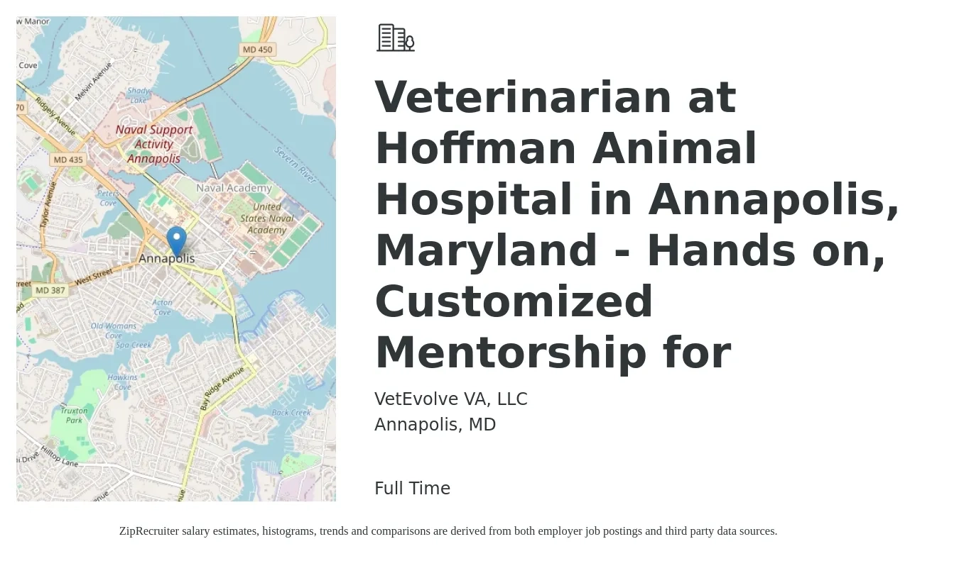 VetEvolve VA, LLC job posting for a Veterinarian at Hoffman Animal Hospital in Annapolis, Maryland - Hands on, Customized Mentorship for in Annapolis, MD with a salary of $110,900 to $215,900 Yearly with a map of Annapolis location.