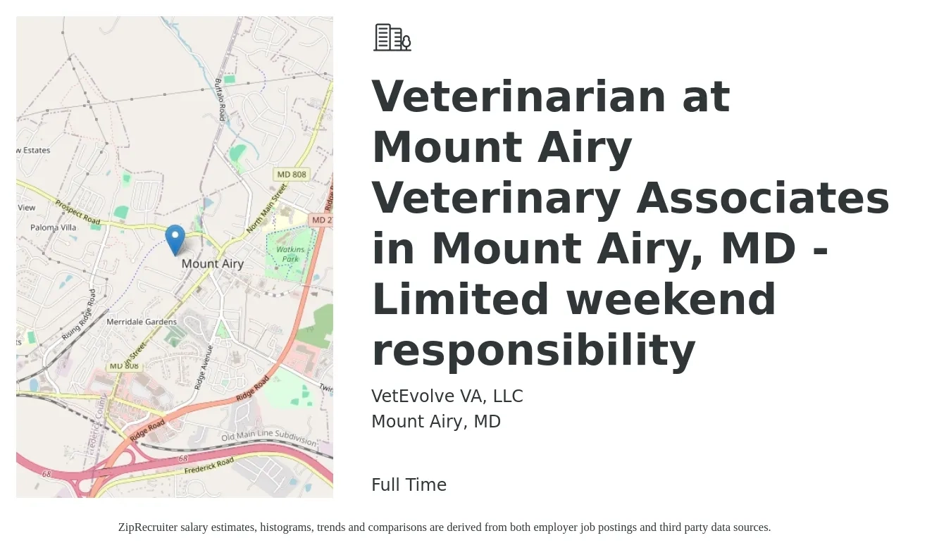 VetEvolve VA, LLC job posting for a Veterinarian at Mount Airy Veterinary Associates in Mount Airy, MD - Limited weekend responsibility in Mount Airy, MD with a salary of $107,600 to $209,400 Yearly with a map of Mount Airy location.