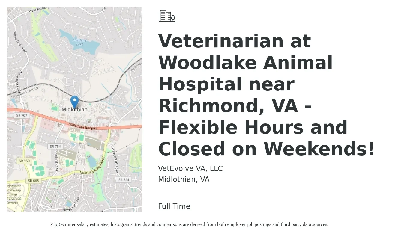 VetEvolve VA, LLC job posting for a Veterinarian at Woodlake Animal Hospital near Richmond, VA - Flexible Hours and Closed on Weekends! in Midlothian, VA with a salary of $103,500 to $201,500 Yearly with a map of Midlothian location.