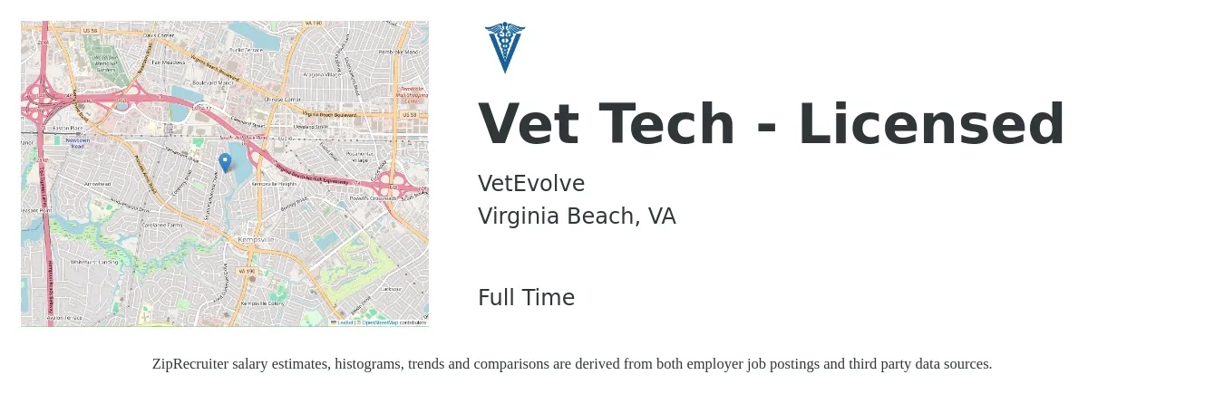 VetEvolve job posting for a Vet Tech - Licensed in Virginia Beach, VA with a salary of $16 to $23 Hourly with a map of Virginia Beach location.