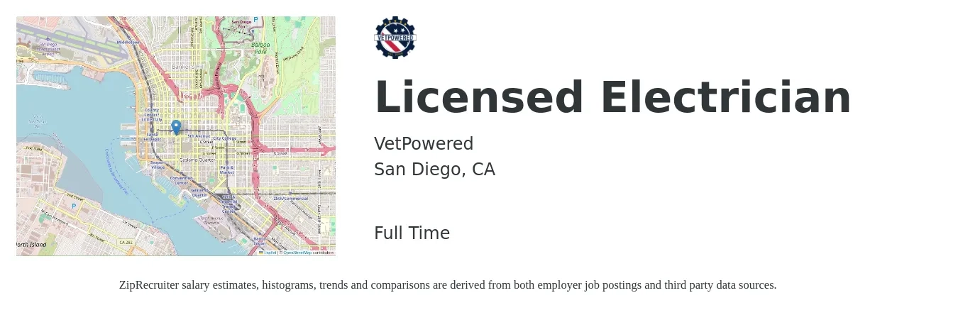 VetPowered job posting for a Licensed Electrician in San Diego, CA with a salary of $36 to $43 Hourly with a map of San Diego location.