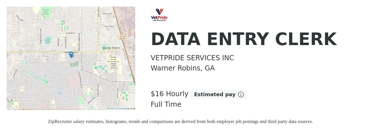 VETPRIDE SERVICES INC job posting for a DATA ENTRY CLERK in Warner Robins, GA with a salary of $17 Hourly with a map of Warner Robins location.