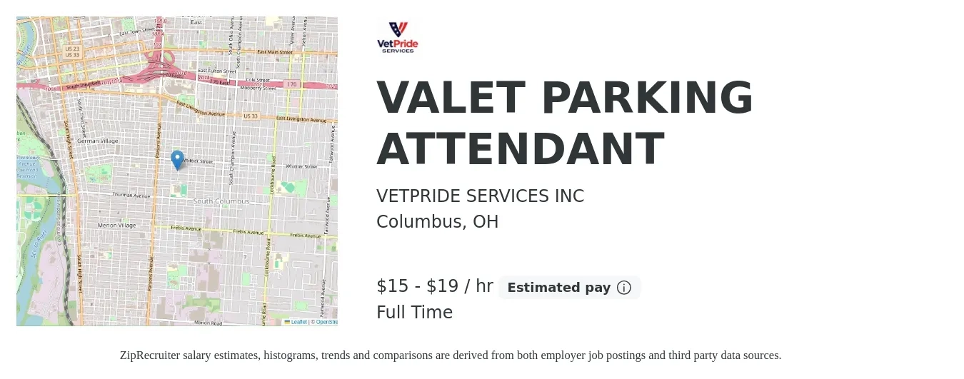 VETPRIDE SERVICES INC job posting for a VALET PARKING ATTENDANT in Columbus, OH with a salary of $16 to $21 Hourly with a map of Columbus location.