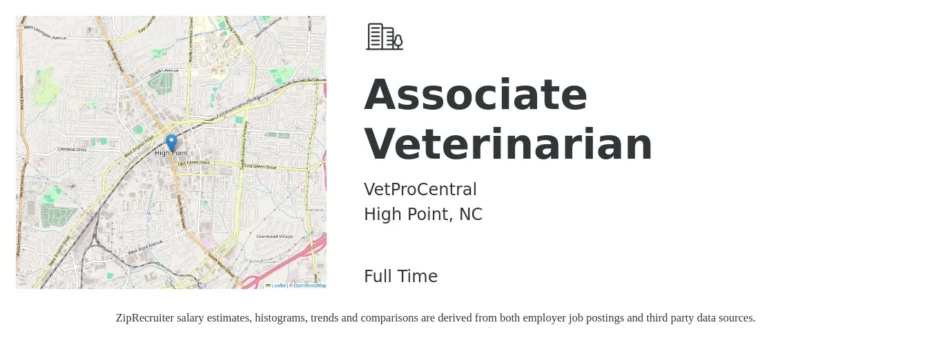 VetProCentral job posting for a Associate Veterinarian in High Point, NC with a salary of $91,400 to $147,700 Yearly with a map of High Point location.