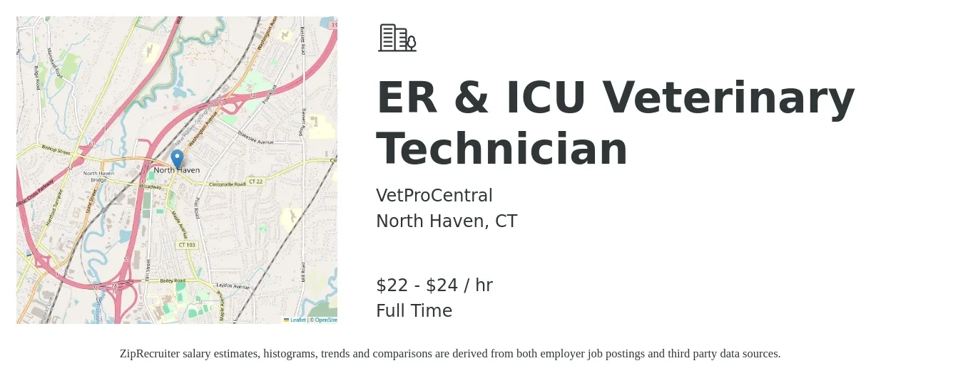 VetProCentral job posting for a ER & ICU Veterinary Technician in North Haven, CT with a salary of $23 to $25 Hourly with a map of North Haven location.