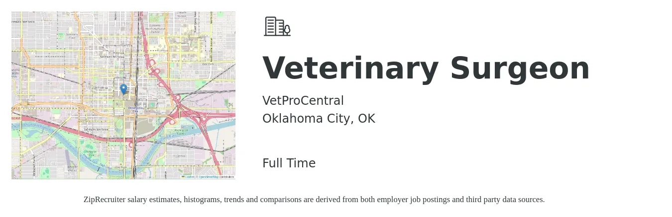 VetProCentral job posting for a Veterinary Surgeon in Oklahoma City, OK with a salary of $18 to $43 Hourly with a map of Oklahoma City location.
