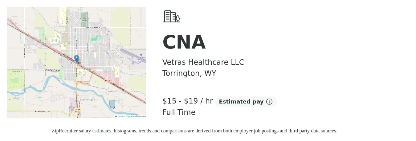 Vetras Healthcare LLC job posting for a CNA in Torrington, WY with a salary of $16 to $20 Hourly with a map of Torrington location.