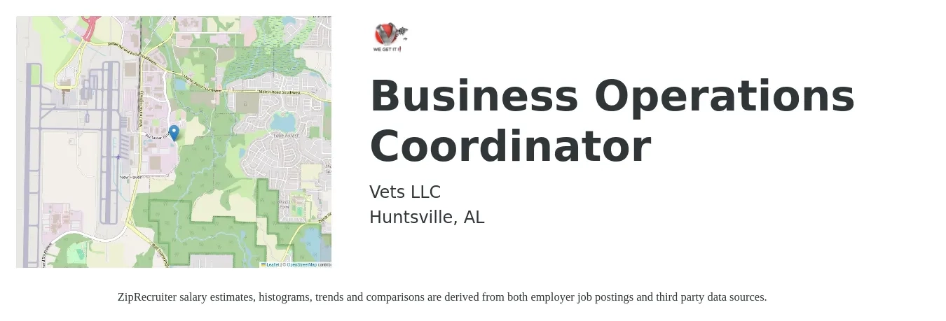 Vets LLC job posting for a Business Operations Coordinator in Huntsville, AL with a salary of $19 to $27 Hourly with a map of Huntsville location.