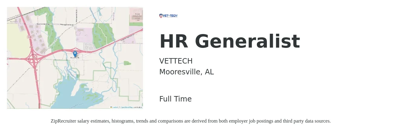 VETTECH job posting for a HR Generalist in Mooresville, AL with a salary of $47,100 to $67,100 Yearly with a map of Mooresville location.