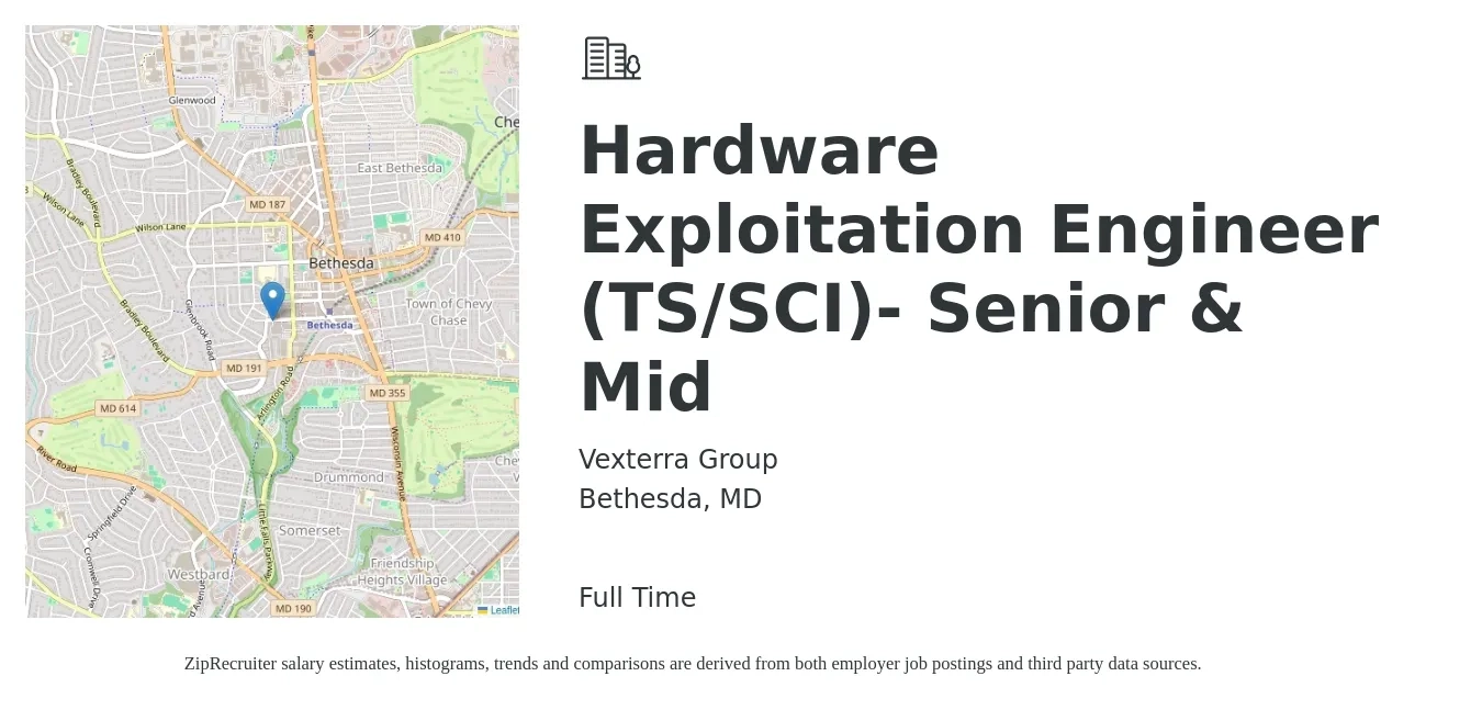 Vexterra Group job posting for a Hardware Exploitation Engineer (TS/SCI)- Senior & Mid in Bethesda, MD with a salary of $118,300 to $157,900 Yearly with a map of Bethesda location.